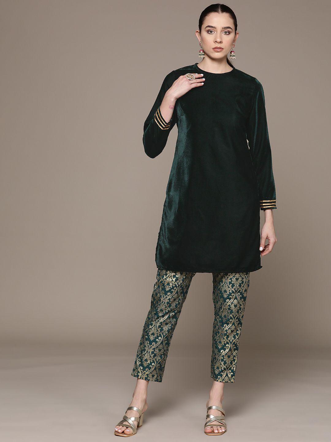 moda rapido gotta patti detailed velvet-finish kurta with ethnic motifs printed trousers