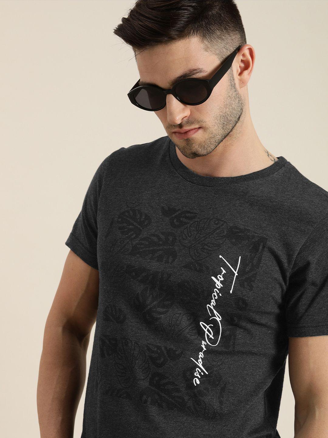 moda rapido men charcoal grey typography printed pure cotton t-shirt