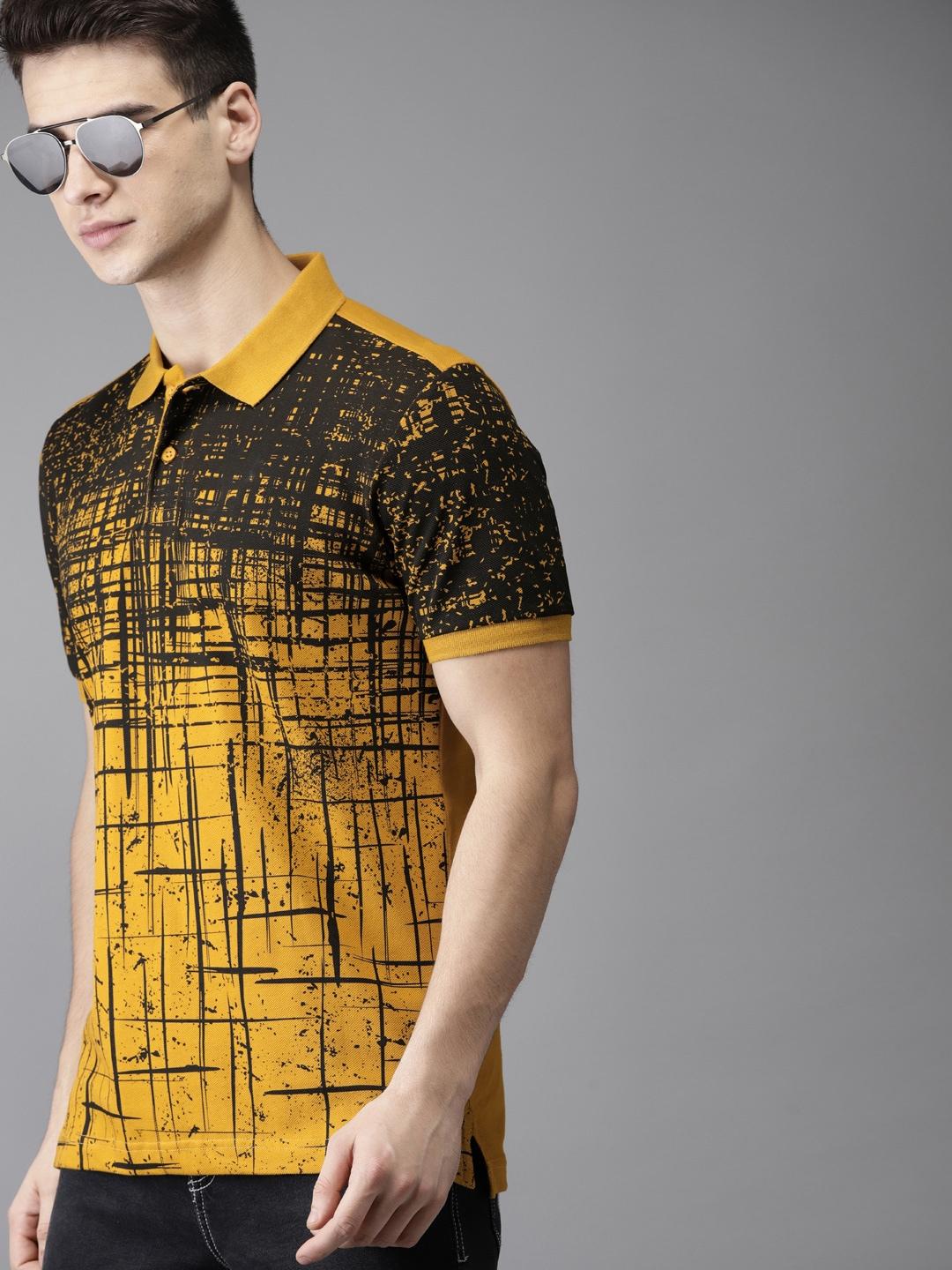 moda rapido men mustard yellow  black printed polo collar pure cotton t-shirt