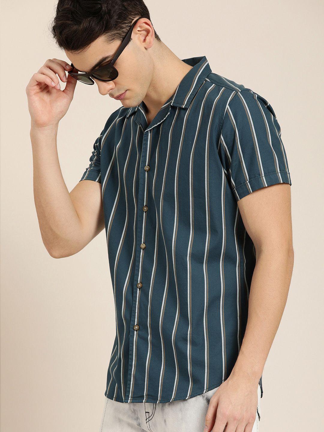 moda rapido men teal blue & grey slim fit striped casual shirt