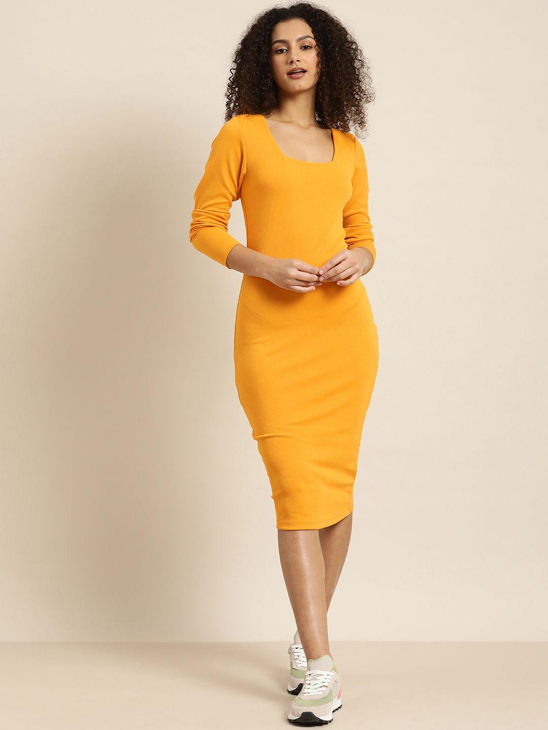moda rapido mustard yellow solid square neck regular sleeves knitted bodycon midi dress