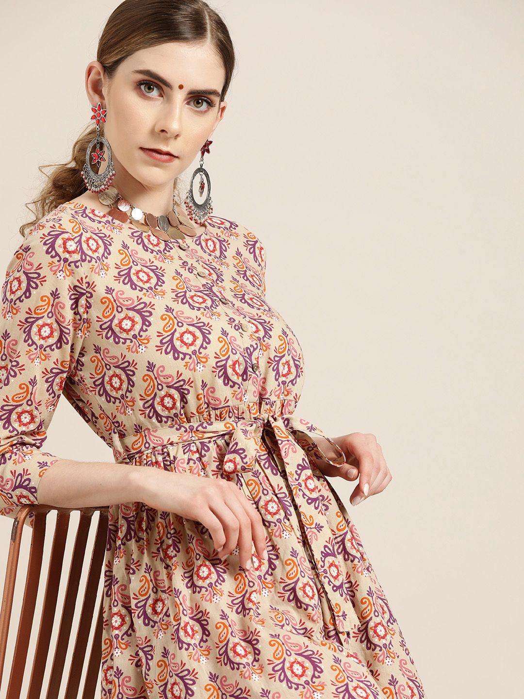 moda rapido women beige & purple pure cotton ethnic motifs printed kurta with belt