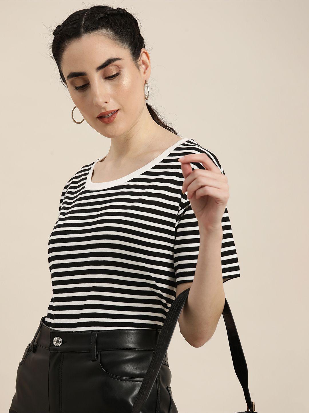 moda rapido women black  cream striped extended sleeves pure cotton t-shirt