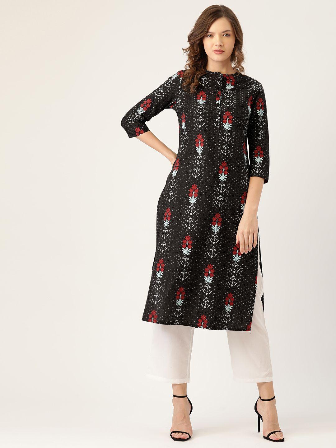 moda rapido women black & red floral printed pure cotton kurta with palazzos