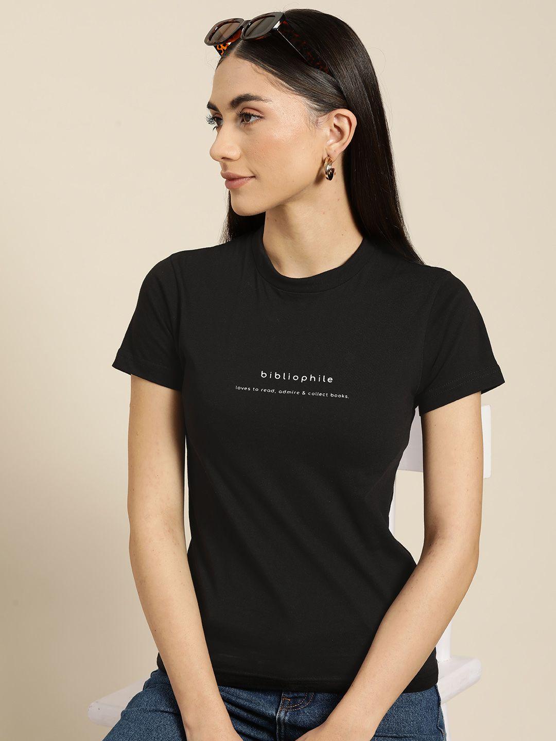 moda rapido women black printed pure cotton t-shirt