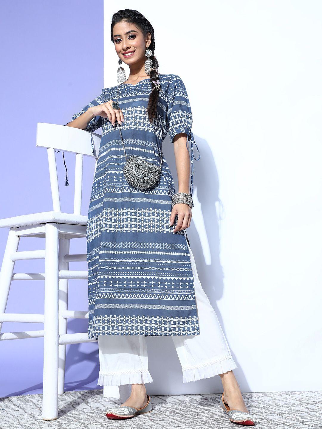 moda rapido women blue & white printed pure cotton kurta
