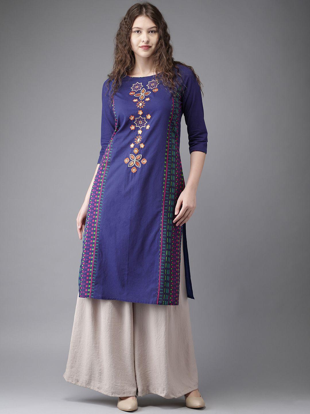 moda rapido women blue embroidered straight kurta