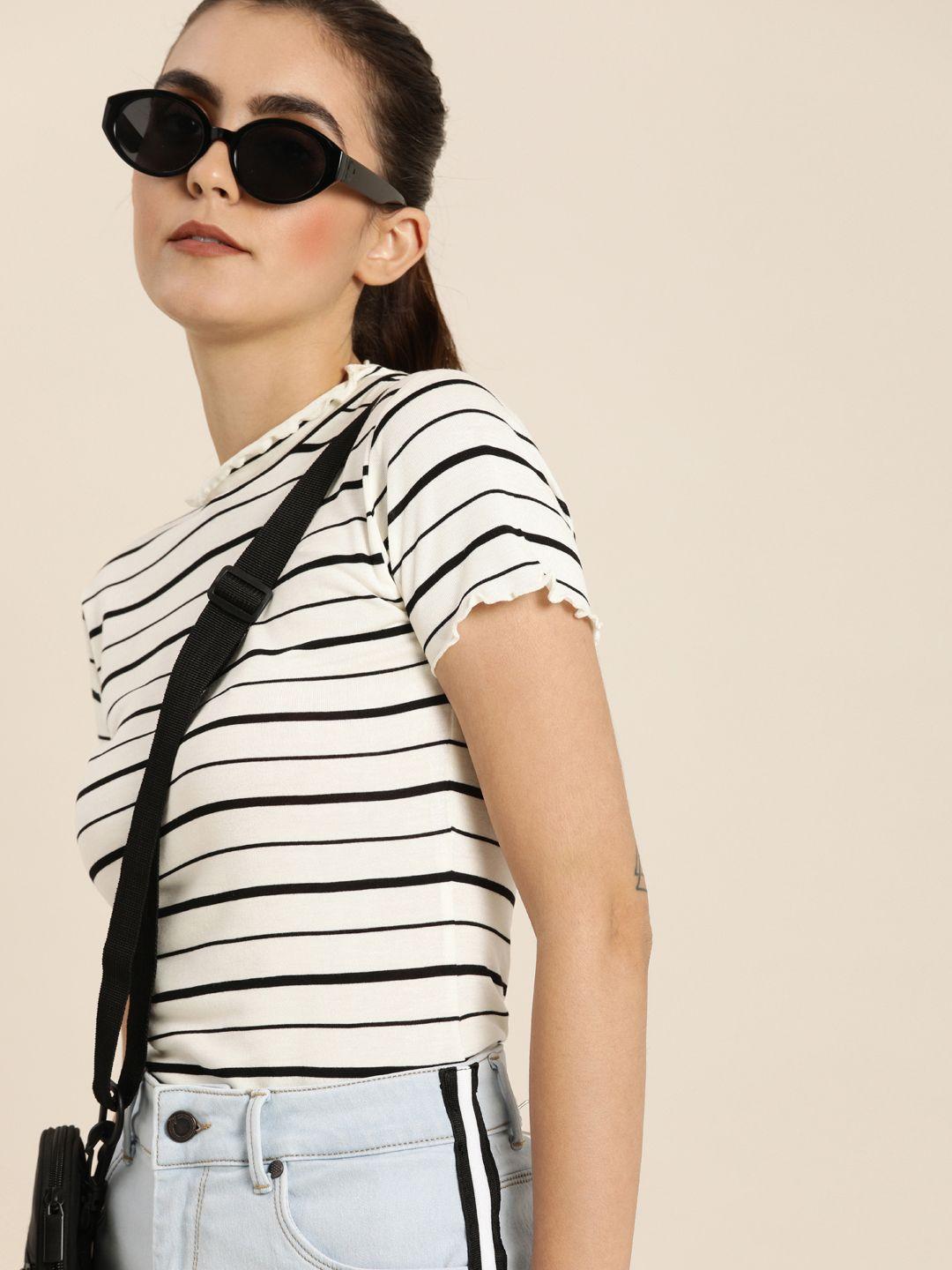 moda rapido women cream-coloured striped high neck t-shirt