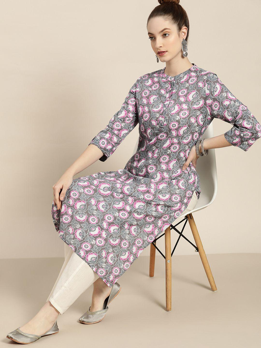 moda rapido women grey & pink pure cotton floral print kurta