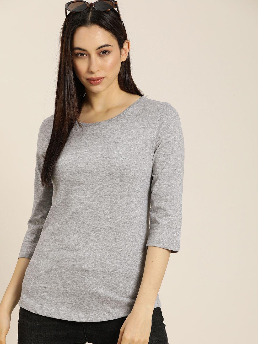 moda rapido women grey solid pure cotton t-shirt