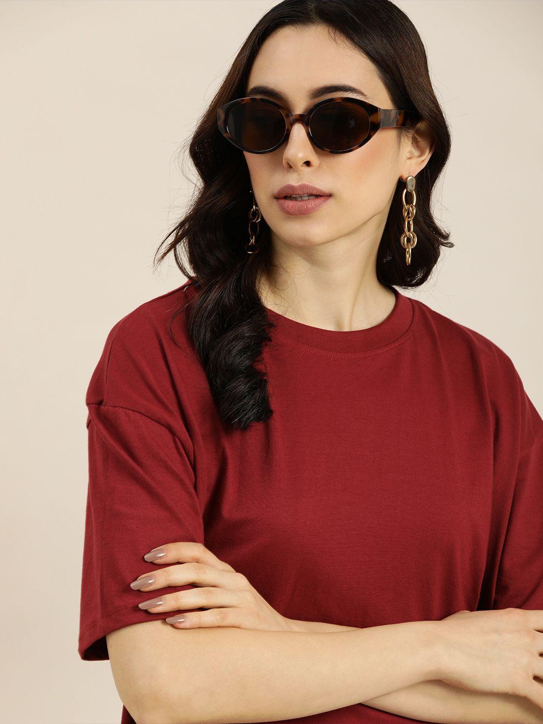 moda rapido women maroon drop-shoulder sleeves t-shirt