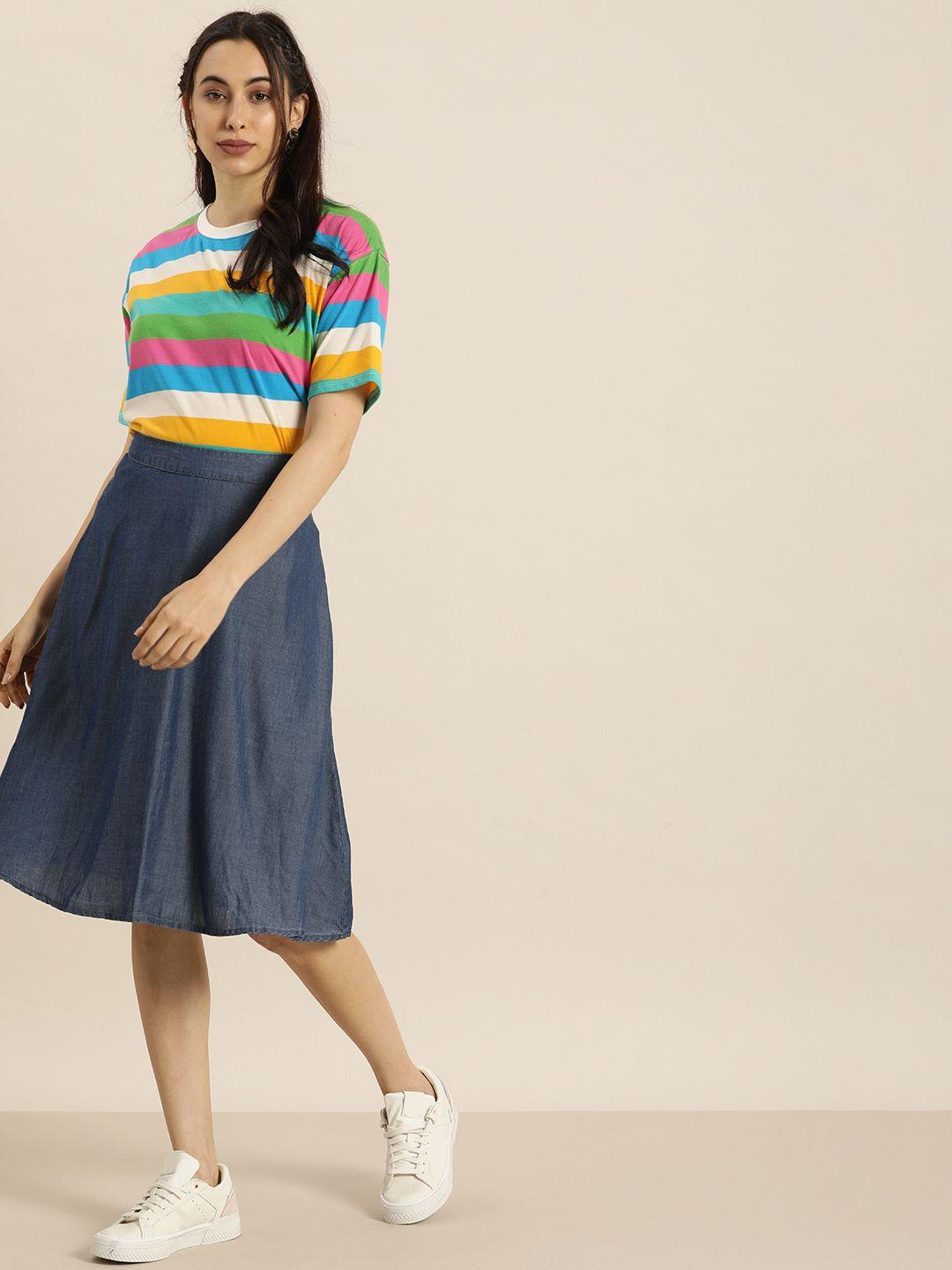 moda rapido women multicoloured candy stripes drop-shoulder sleeves t-shirt