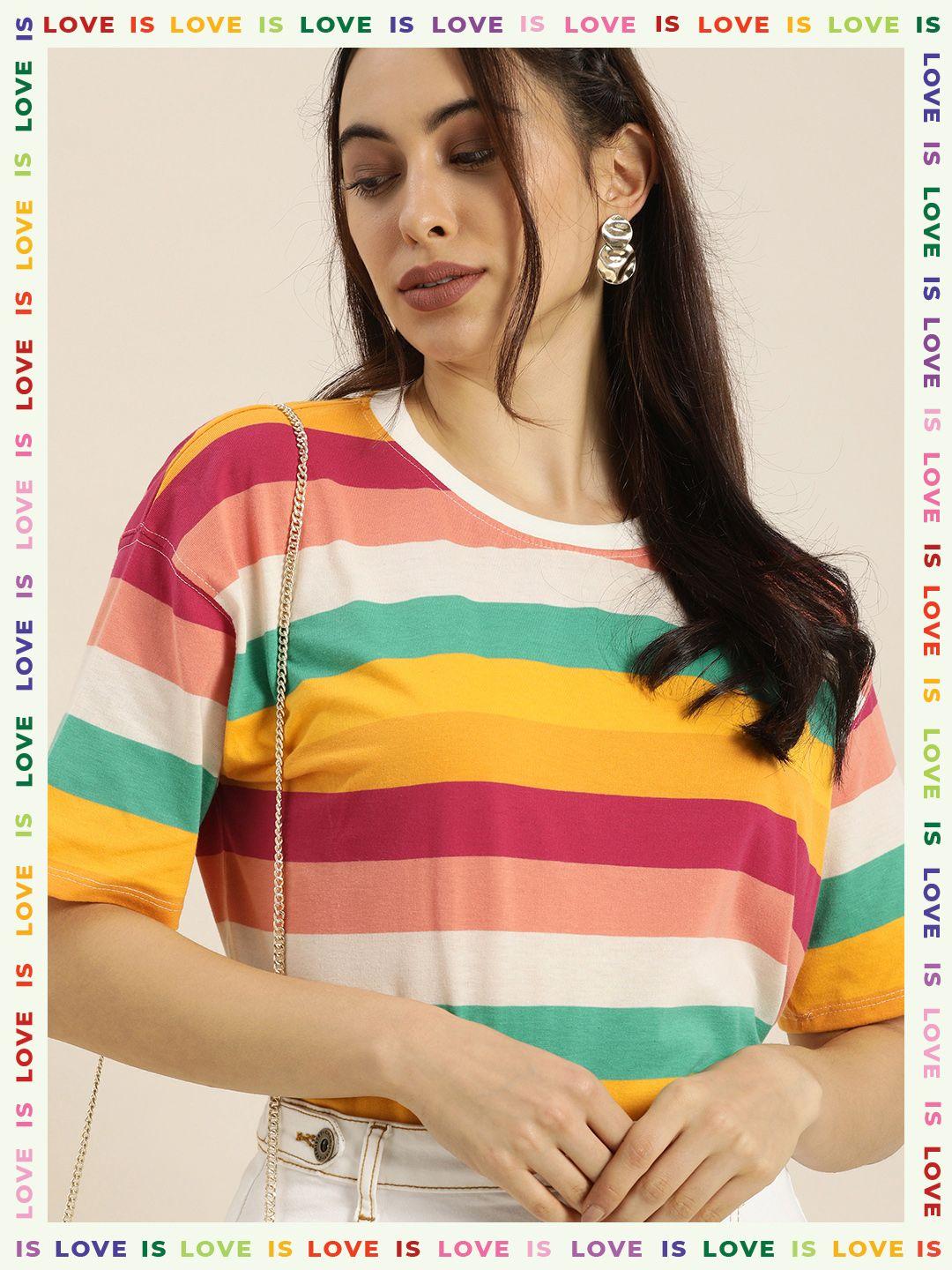 moda rapido women multicoloured candy stripes drop-shoulder sleeves t-shirt