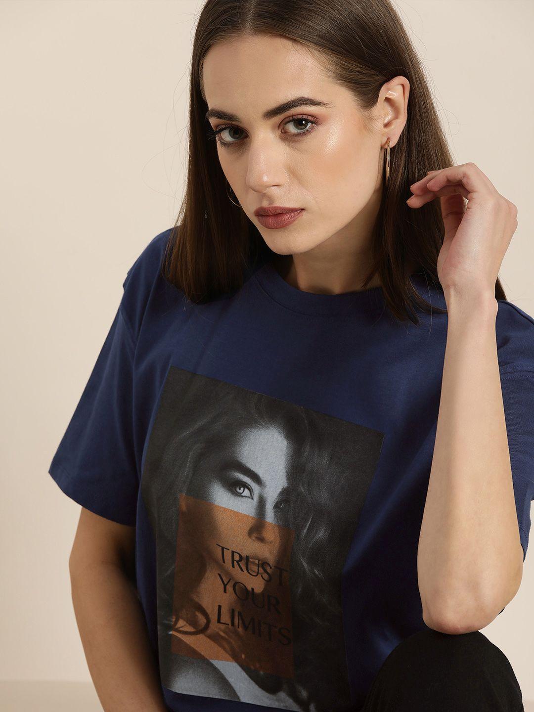 moda rapido women navy blu & grey graphic printed extended sleeves t-shirt