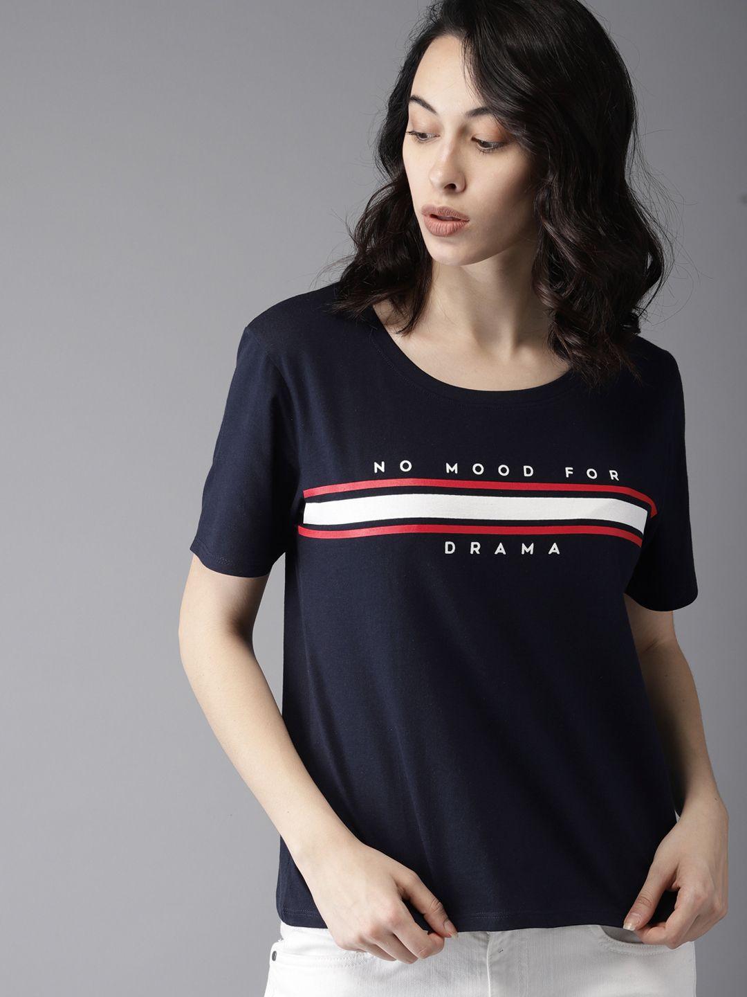 moda rapido women navy blue printed round neck t-shirt