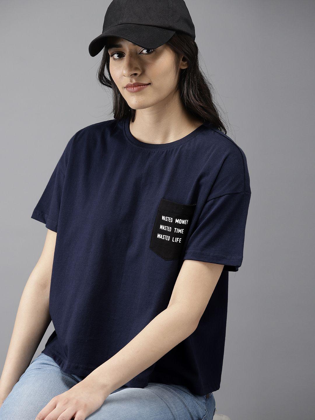 moda rapido women navy pure cotton t-shirt