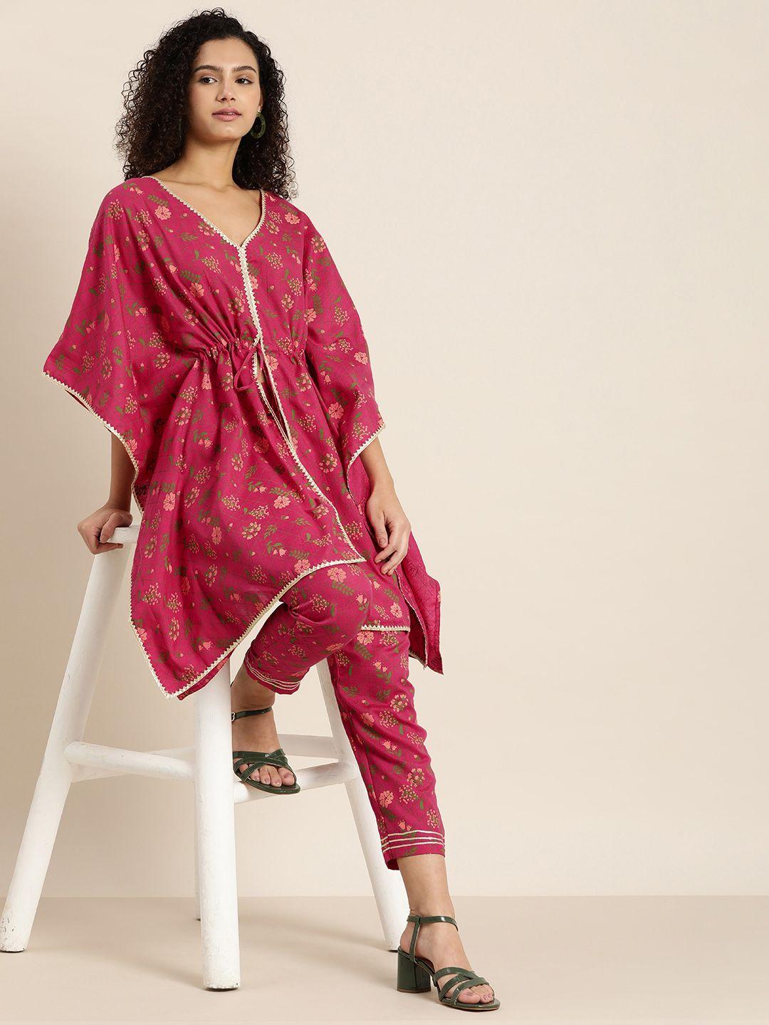 moda rapido women pink floral printed kaftan kurta with trousers