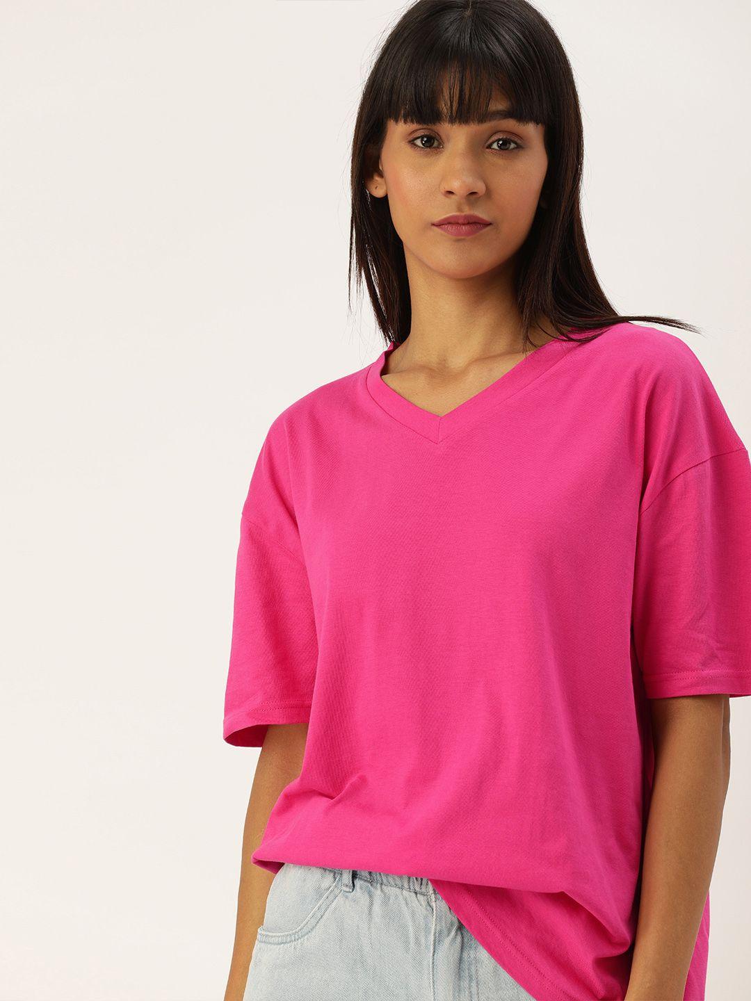 moda rapido women pink solid v-neck drop-shoulder t-shirt