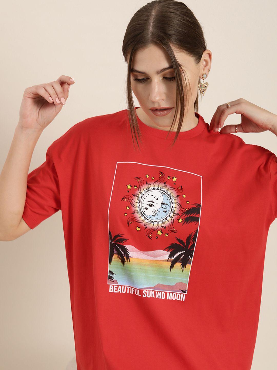 moda rapido women red graphic printed pure cotton t-shirt