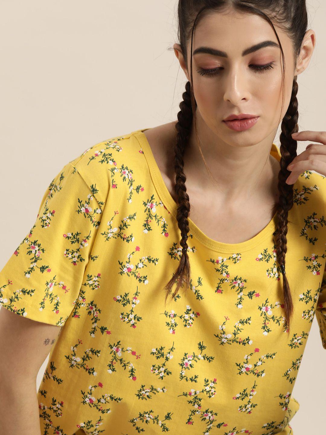 moda rapido women yellow & green floral printed t-shirt