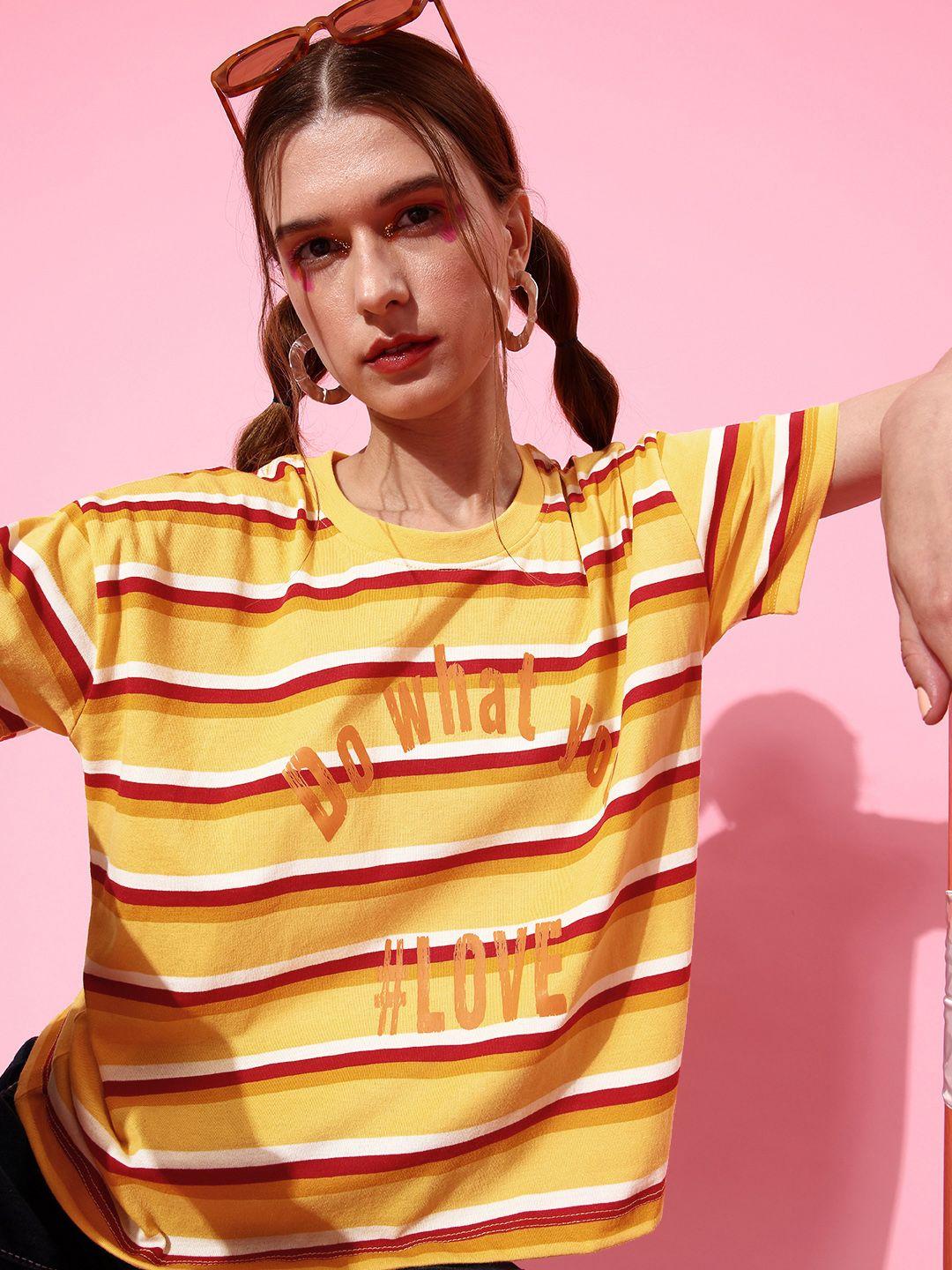 moda rapido women yellow striped joyful conversation tshirt