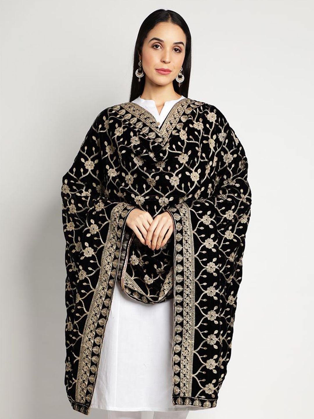 moda chales black & gold-toned embroidered velvet dupatta with zari