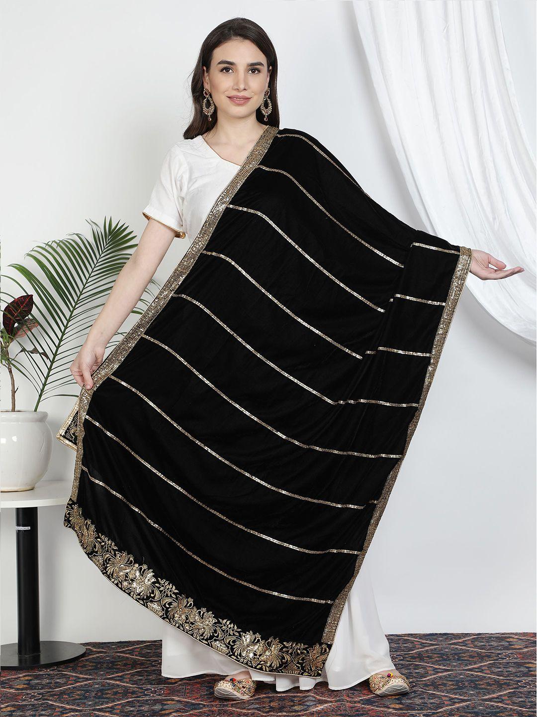 moda chales black & gold-toned ethnic motifs embroidered velvet dupatta with sequinned