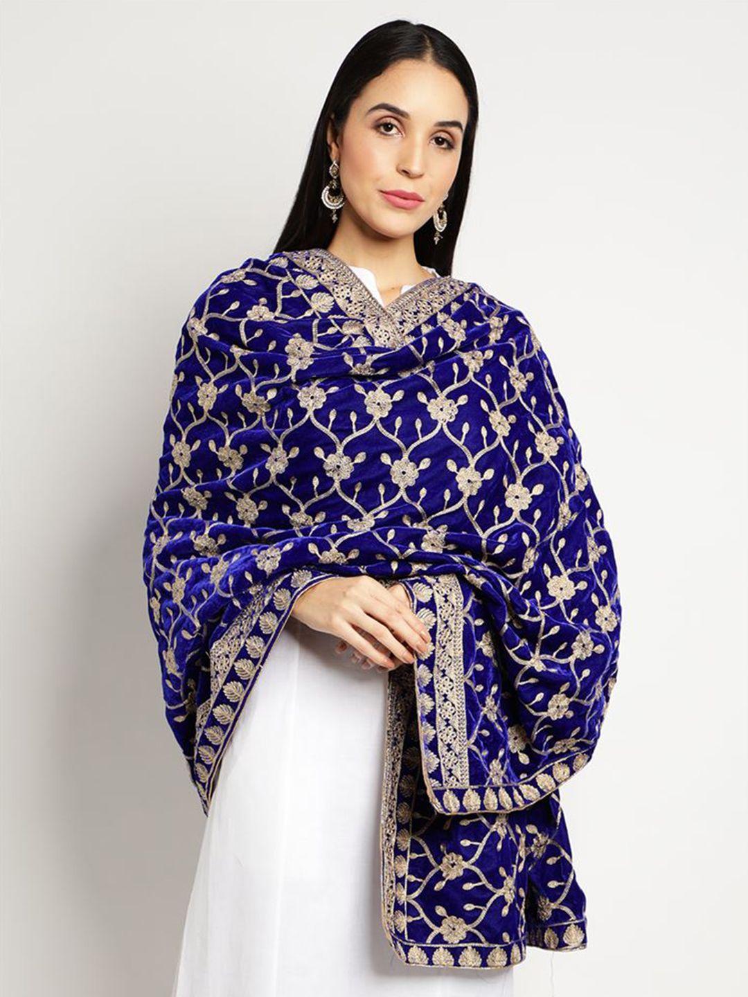 moda chales blue & gold-toned embroidered velvet dupatta