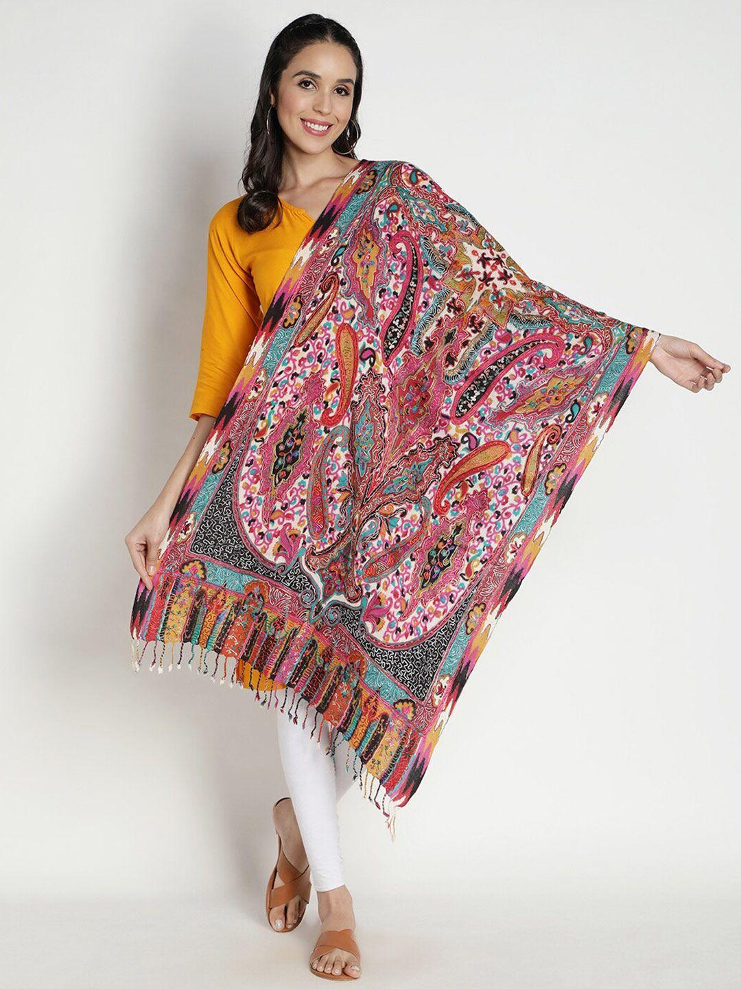 moda chales hand embroidered & dyed pure wool shawl with tasselled border