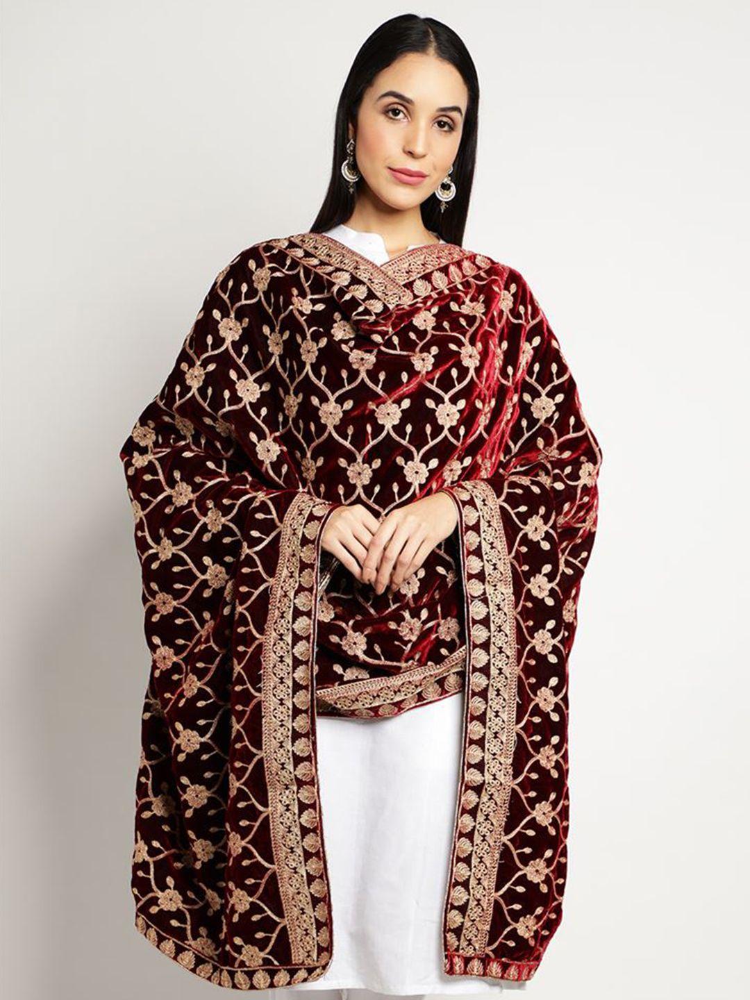 moda chales maroon & gold-toned embroidered velvet dupatta with thread work