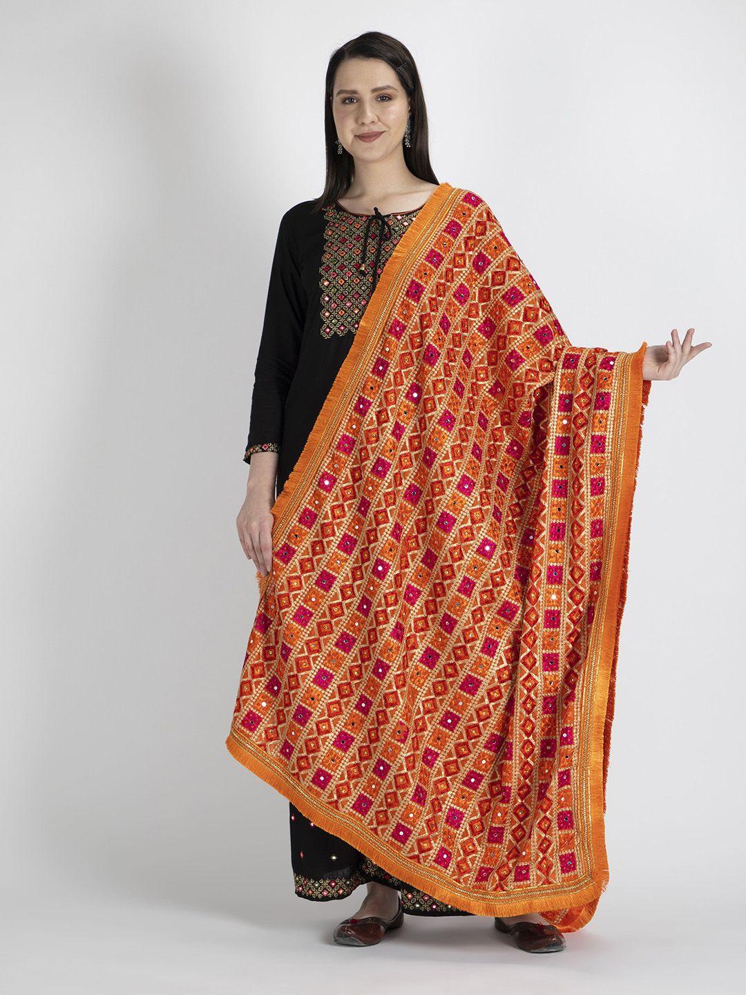 moda chales orange & gold-toned embroidered dupatta with phulkari