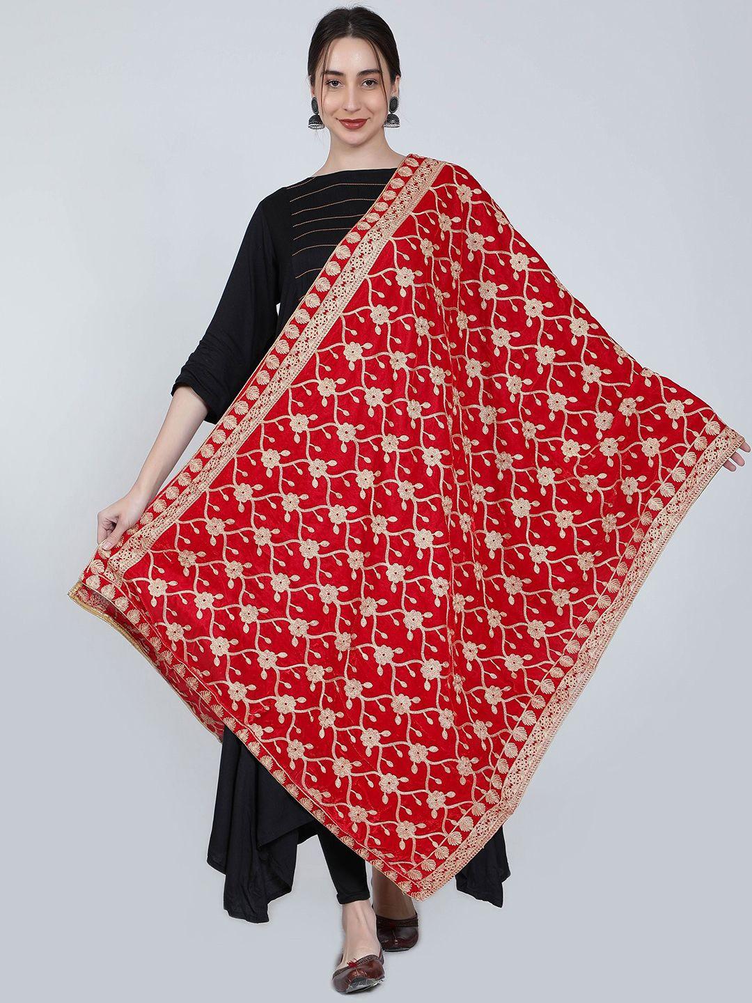 moda chales red & gold-toned embroidered velvet dupatta with zari