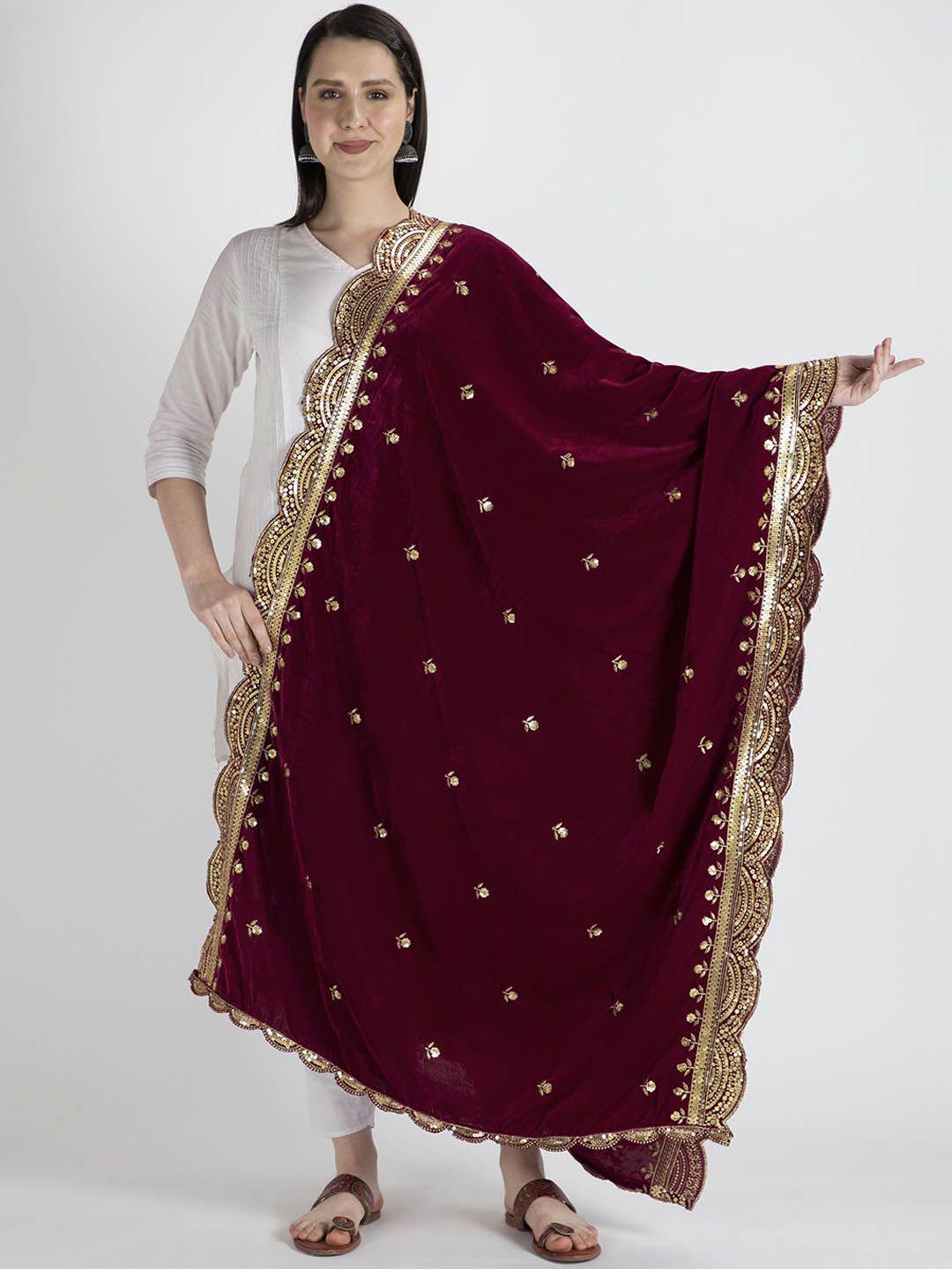 moda chales women maroon & gold-toned embroidered velvet shawl
