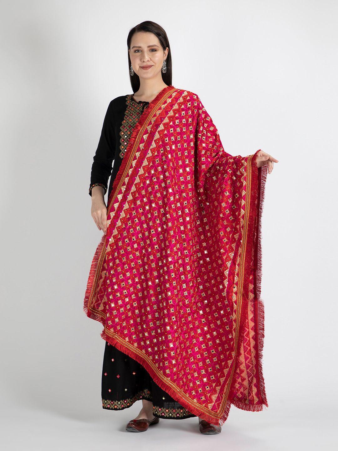 moda chales women red & pink embroidered dupatta with phulkari