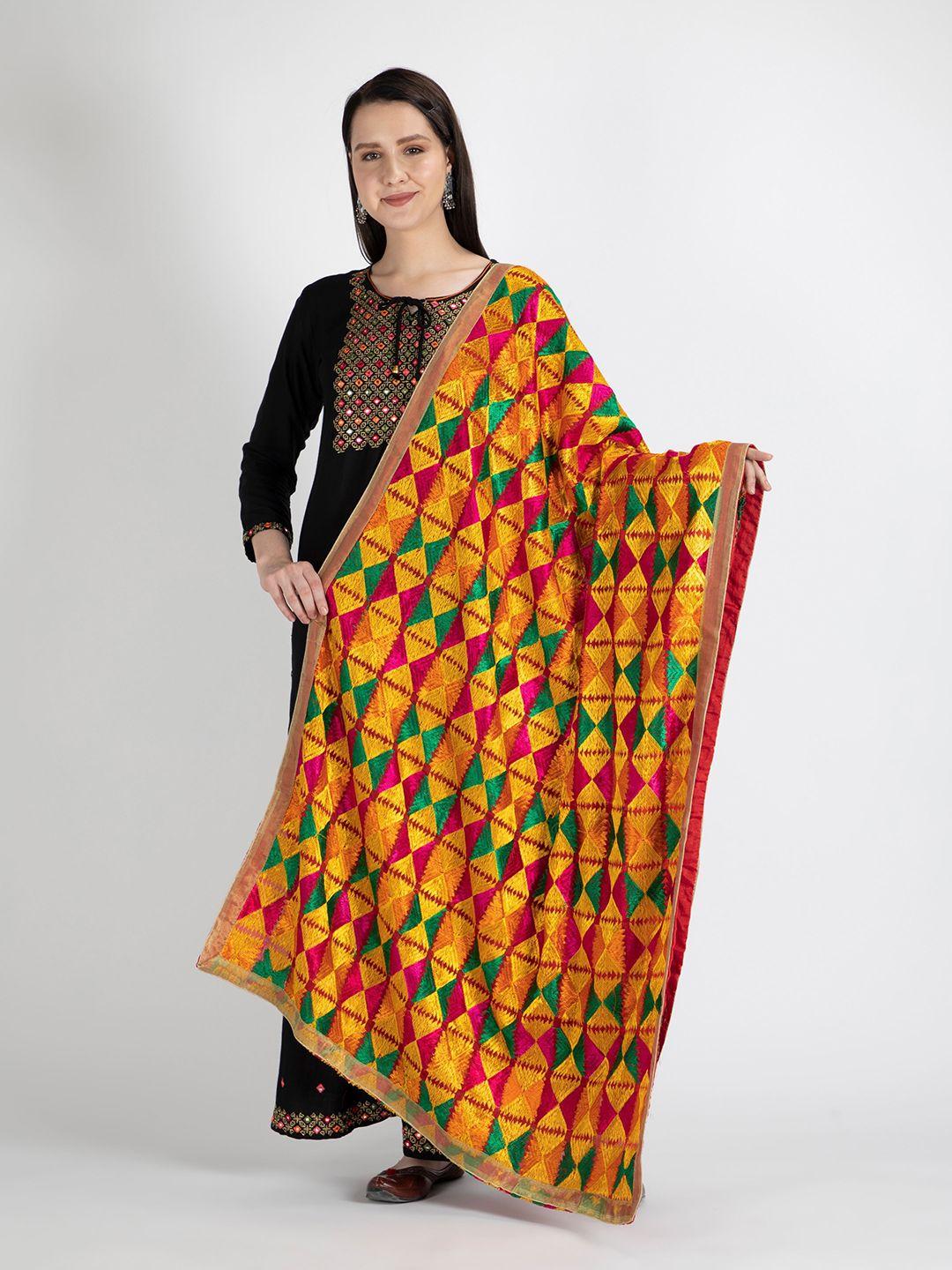 moda chales women yellow & green embroidered dupatta with phulkari