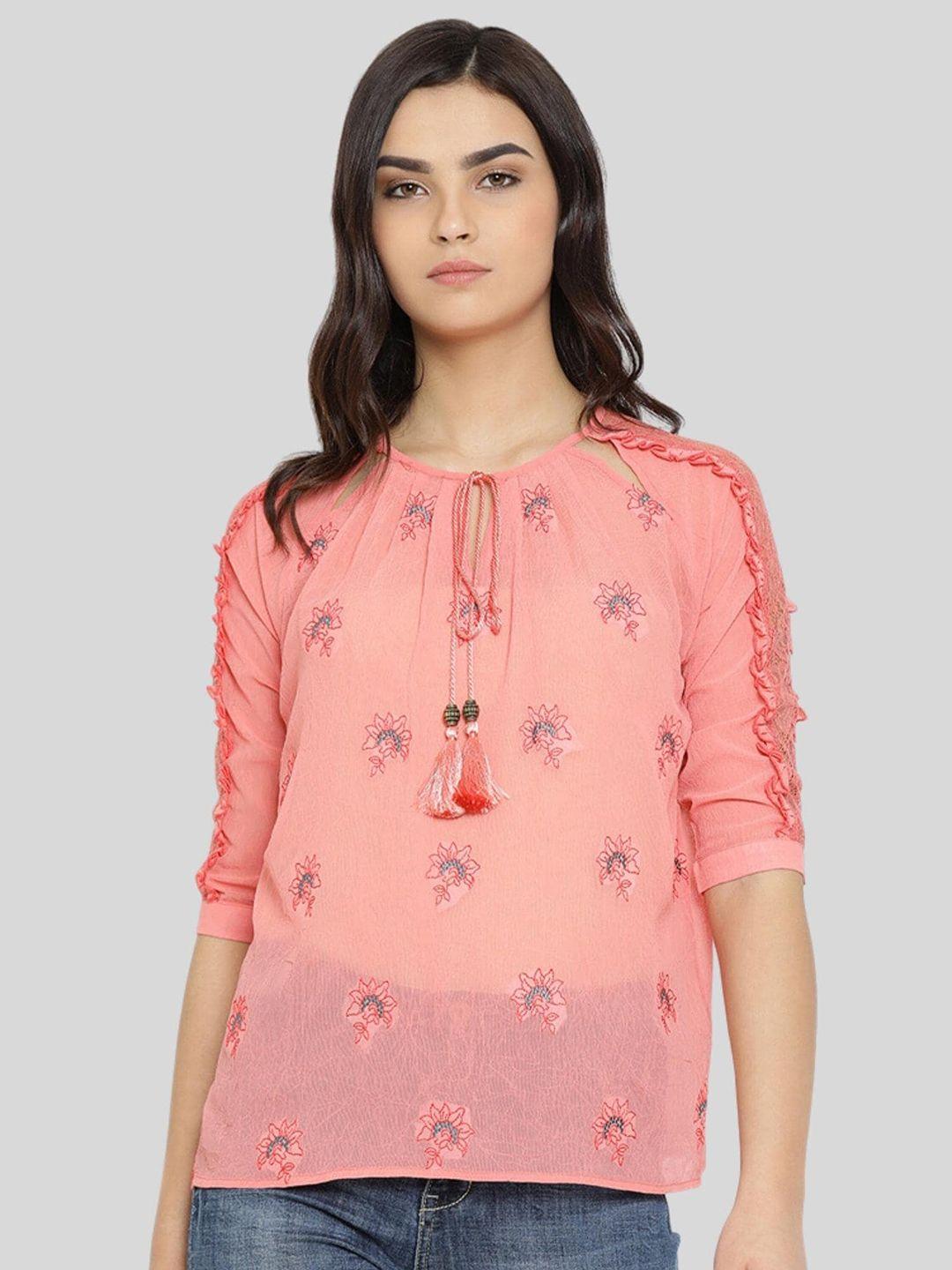 moda elementi coral floral print tie-up neck georgette top