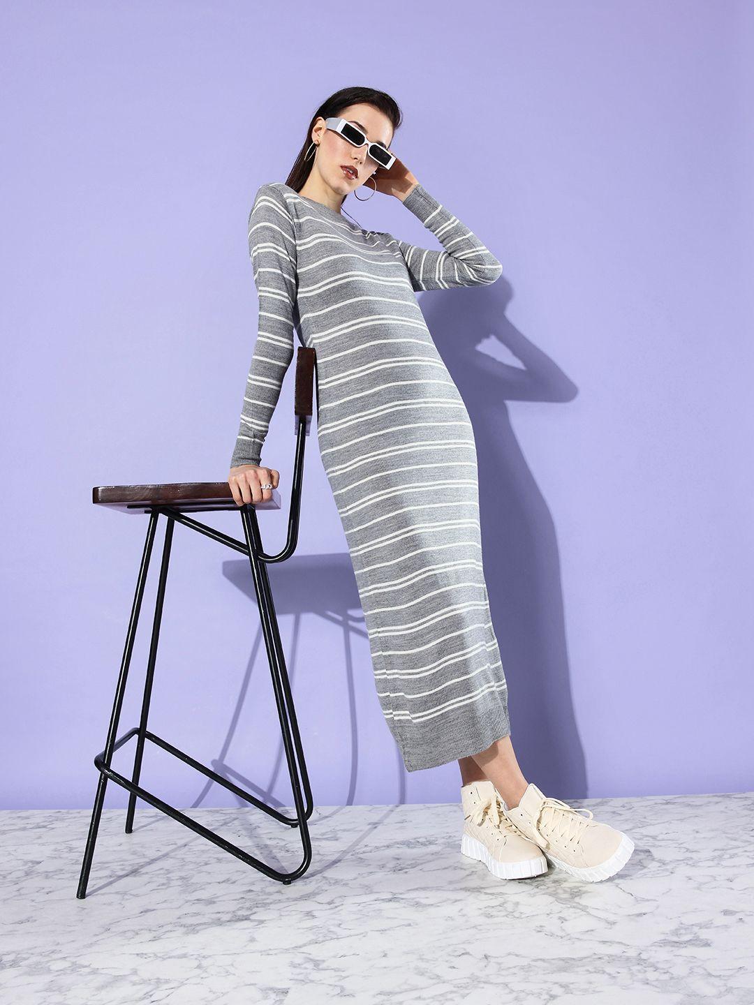 moda rapido ash grey & snow white striped party lity sheath maxi dress