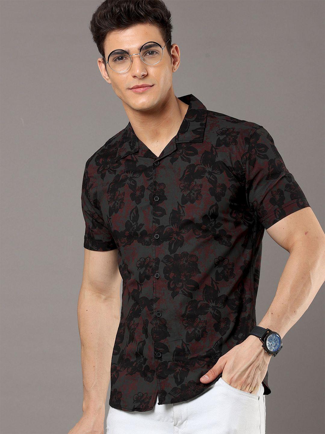 moda rapido black floral printed cuban collar slim fit cotton casual shirt