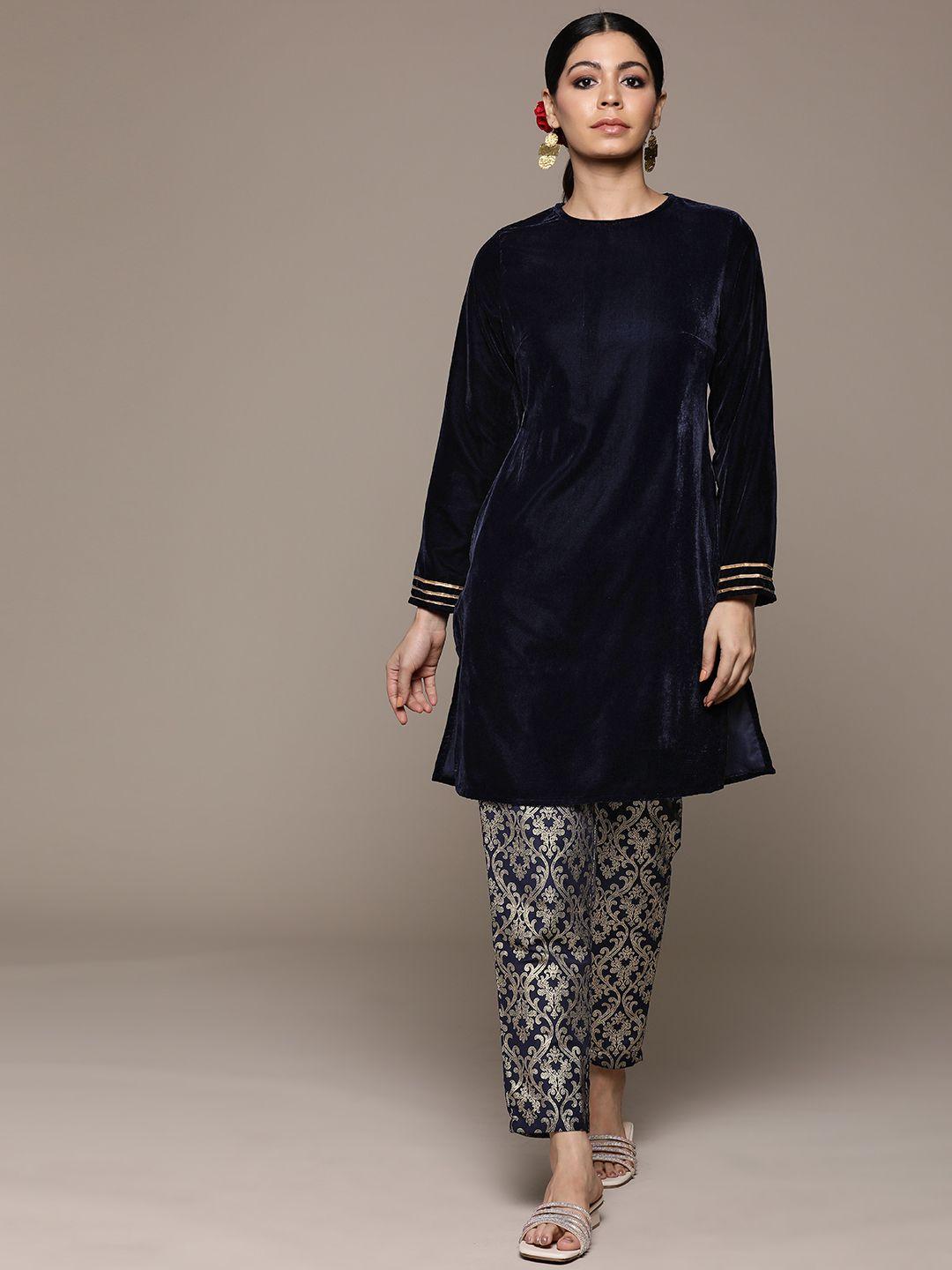 moda rapido ethnic motifs gotta patti detailed velvet finish kurti with printed trousers