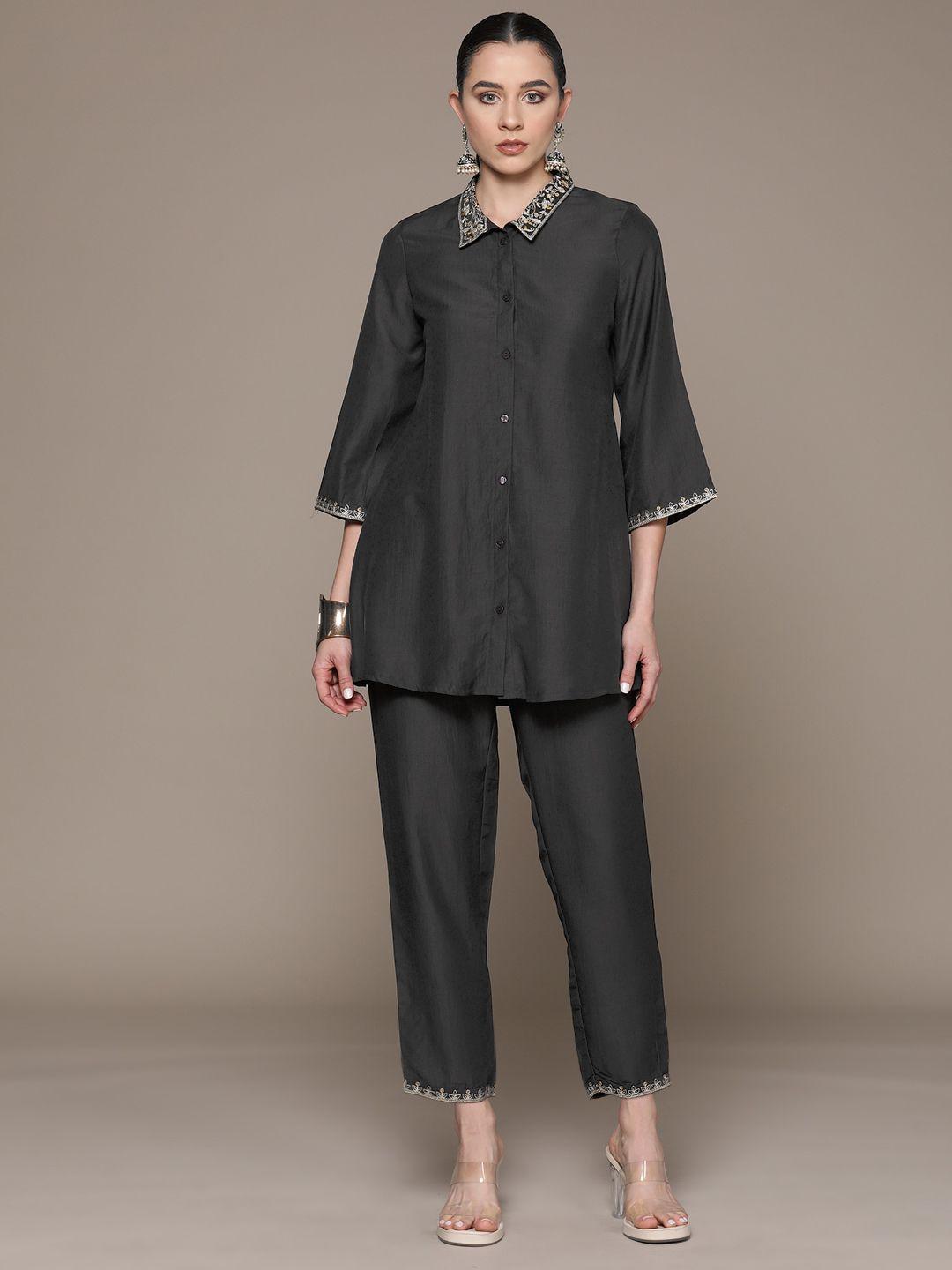 moda rapido ethnic motifs zari embroidered shirt-style kurti with trousers