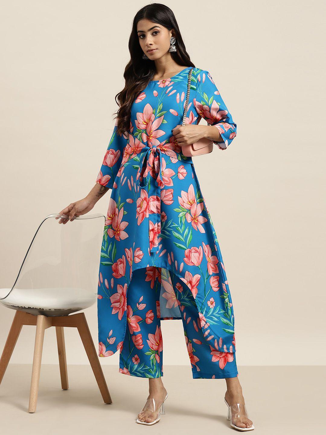 moda rapido floral print tie-up high-low kurta with palazzos