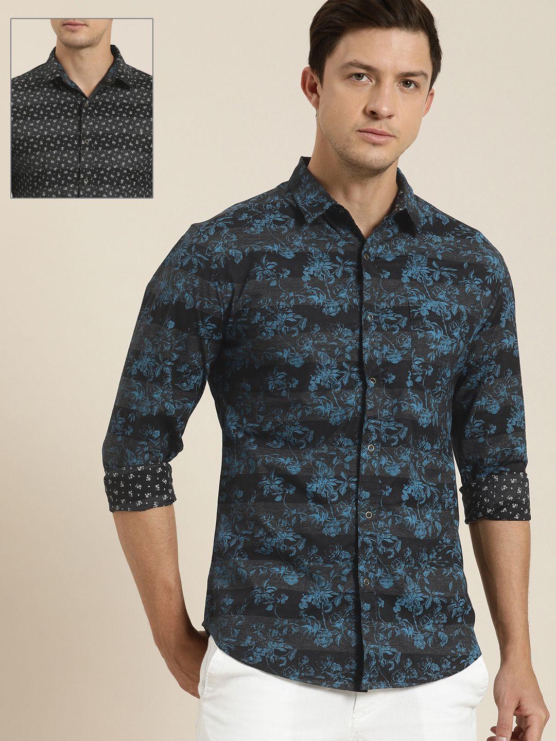 moda rapido men black & blue regular fit floral printed reversible casual shirt