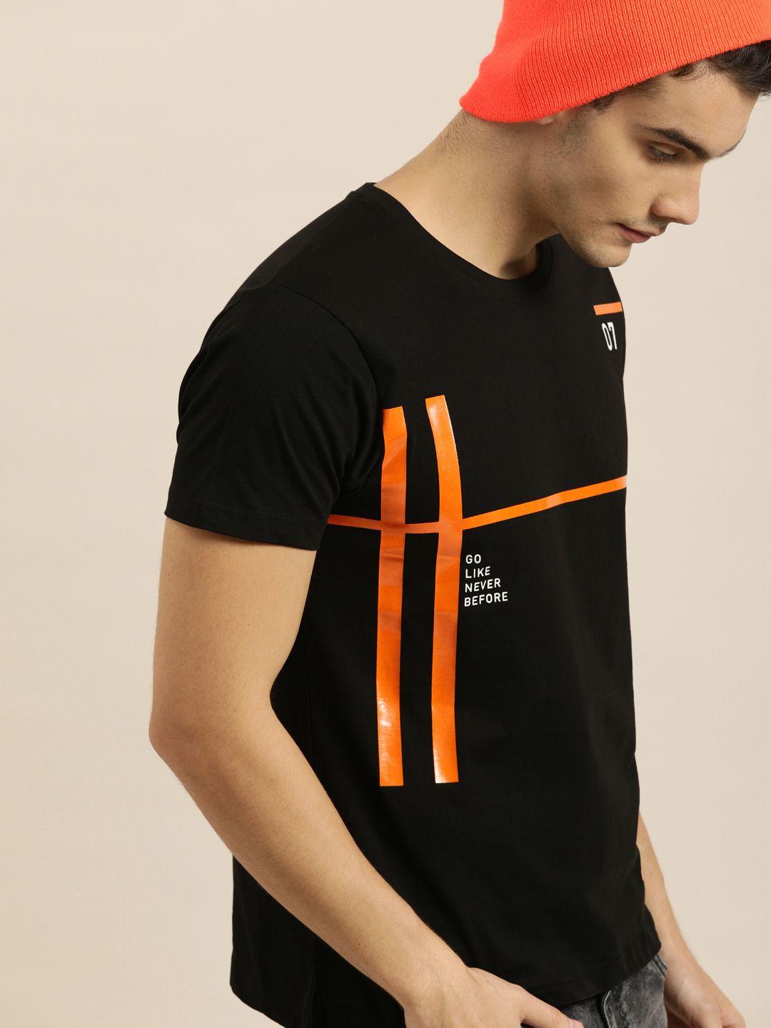 moda rapido men black  orange printed round neck pure cotton t-shirt