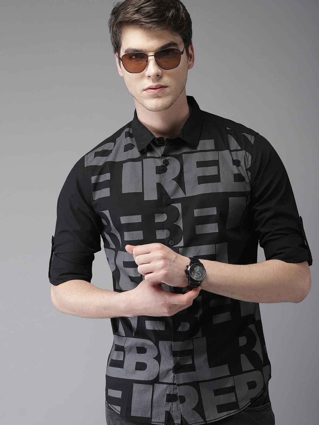 moda rapido men black slim fit printed casual shirt