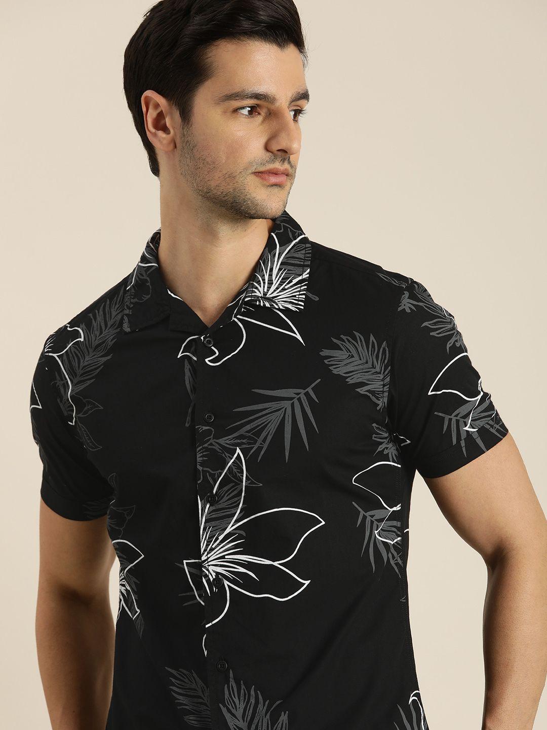 moda rapido men black slim fit tropical printed pure cotton casual shirt