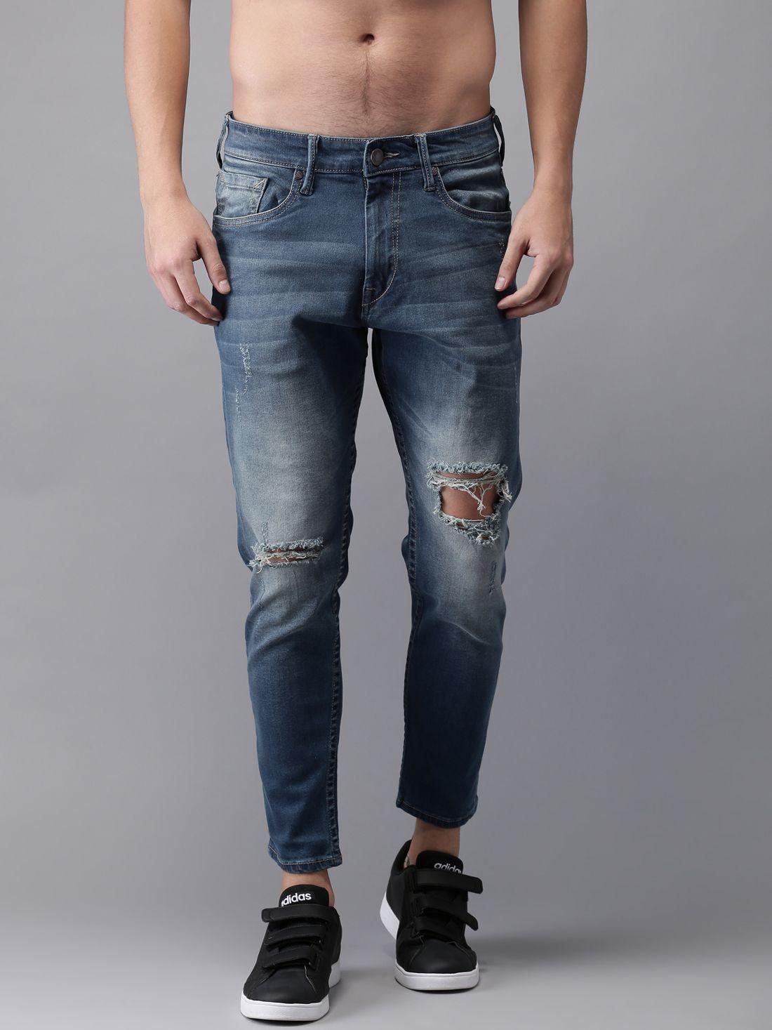 moda rapido men blue slim tapered fit cropped mid-rise mildly distressed stretchable jeans