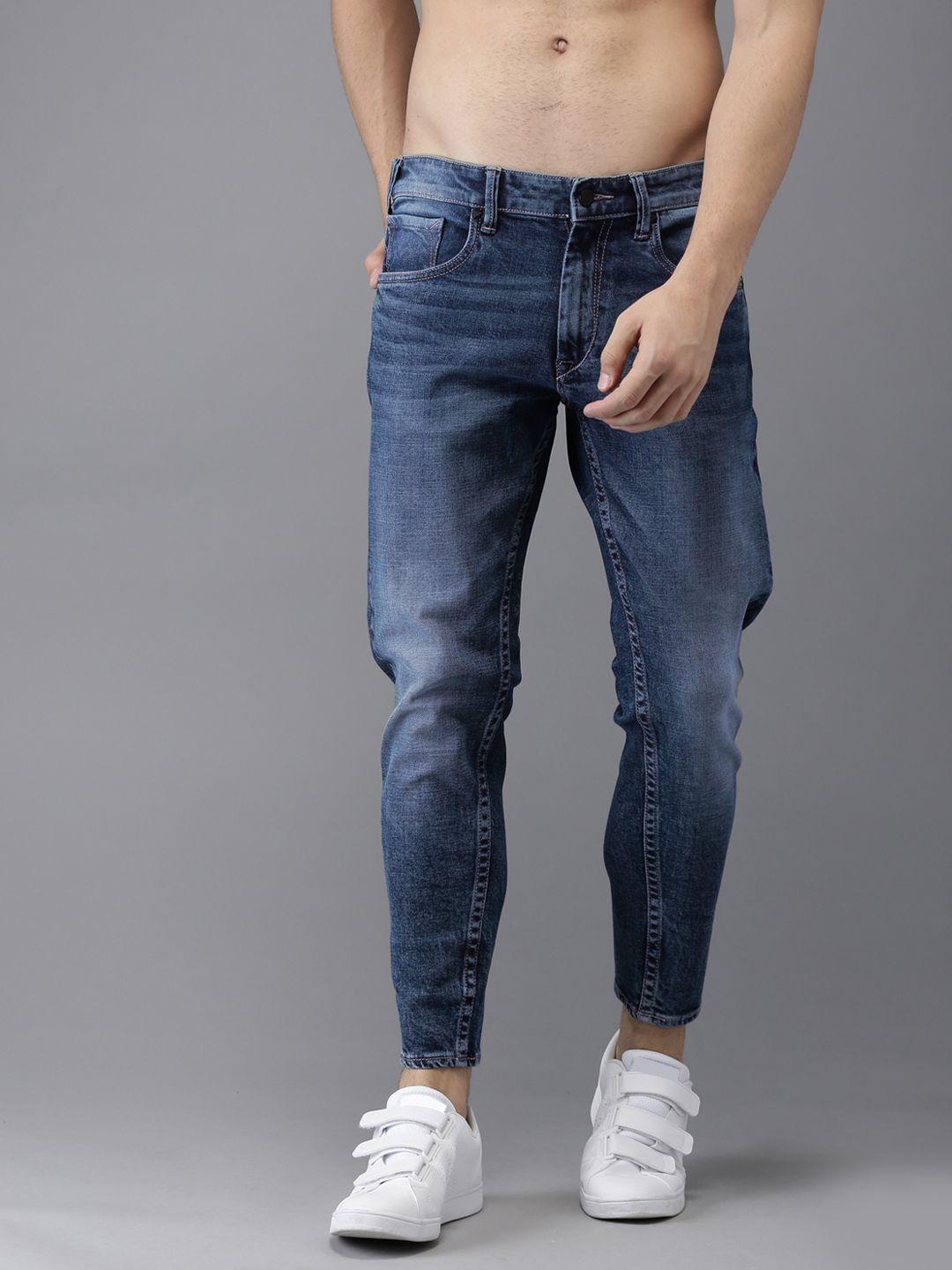 moda rapido men blue slim tapered fit mid-rise clean look stretchable cropped jeans