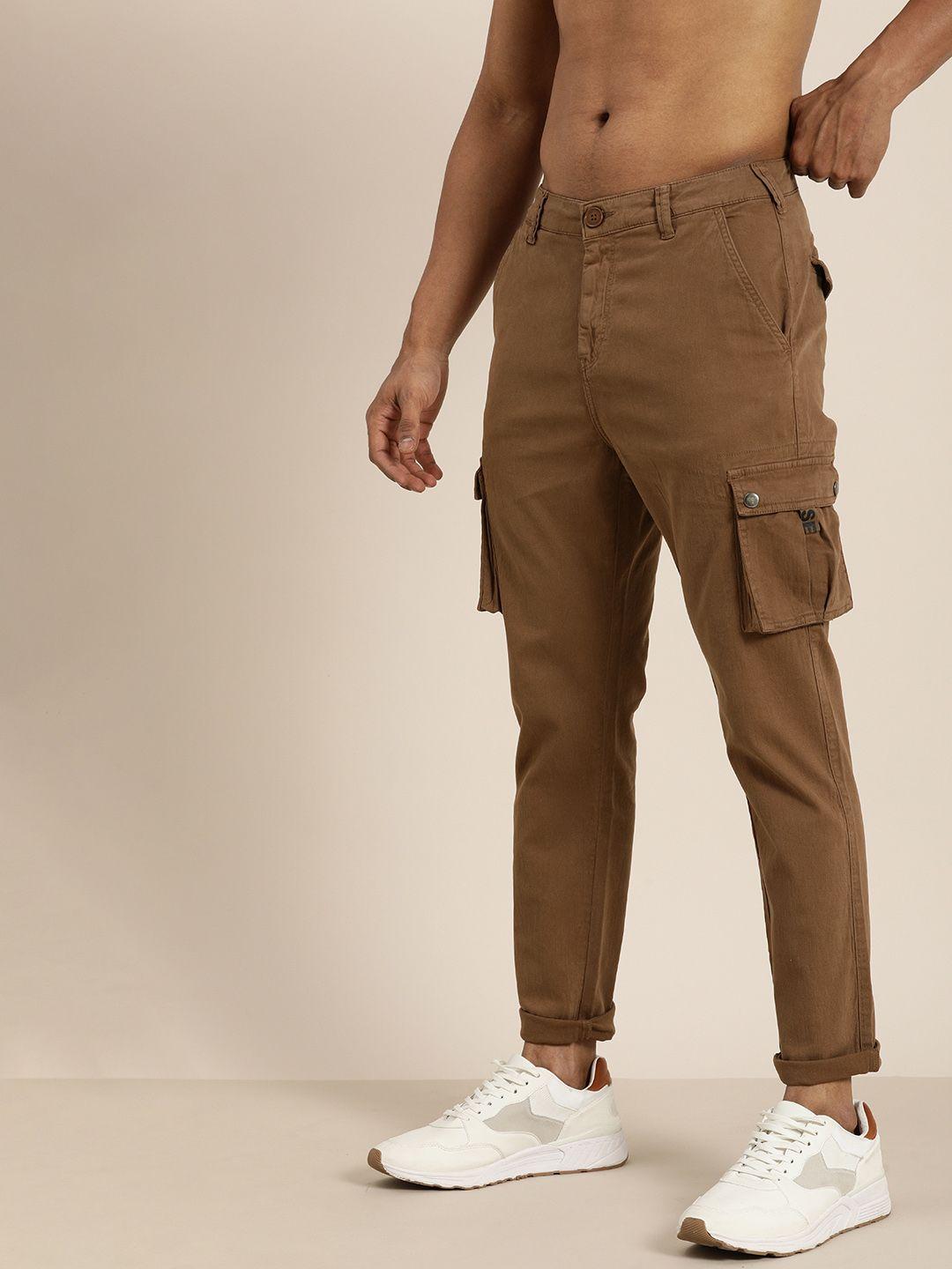 moda rapido men brown solid mid rise cargos trousers