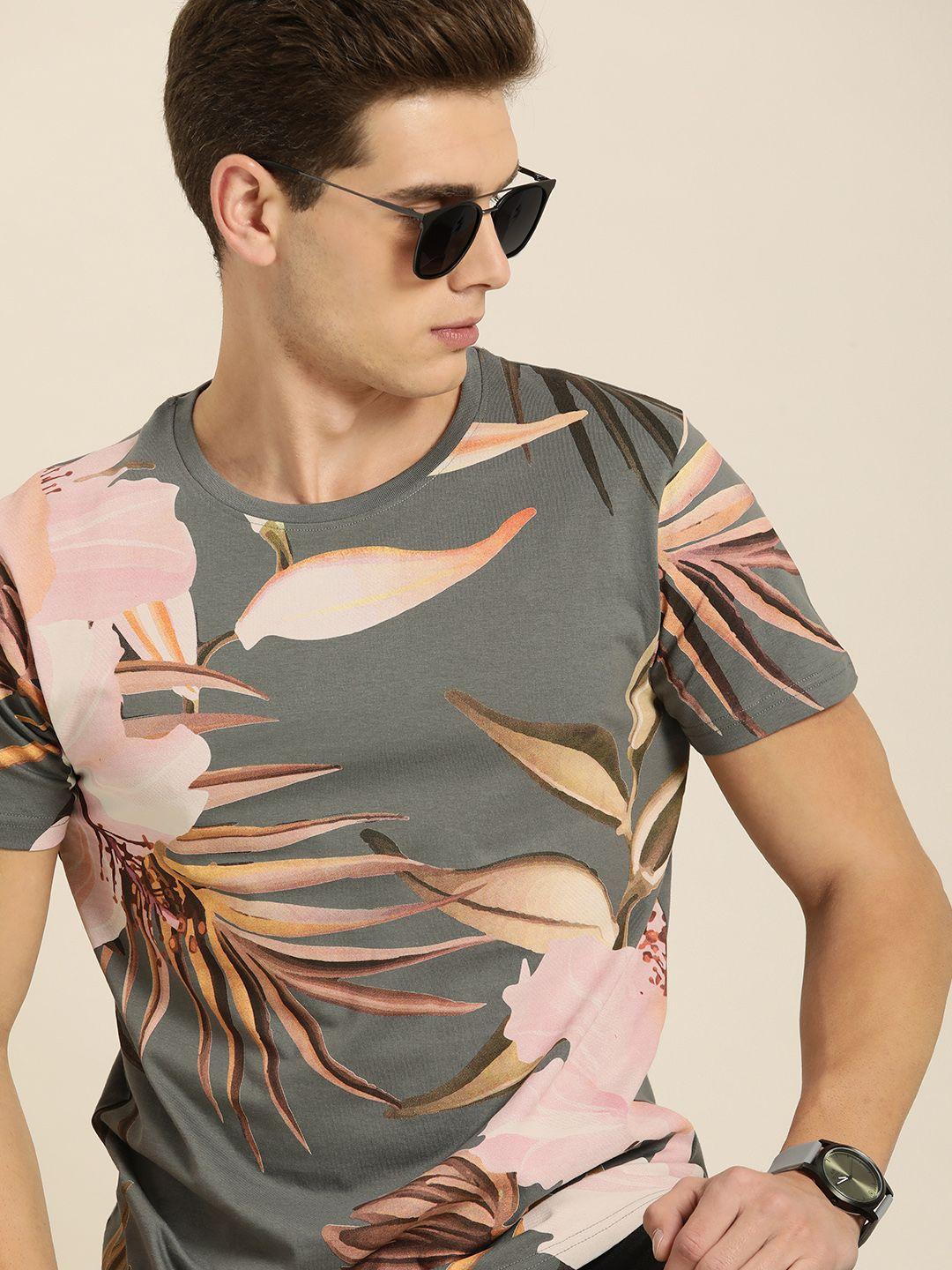 moda rapido men charcoal & light pink tropical printed pure cotton t-shirt