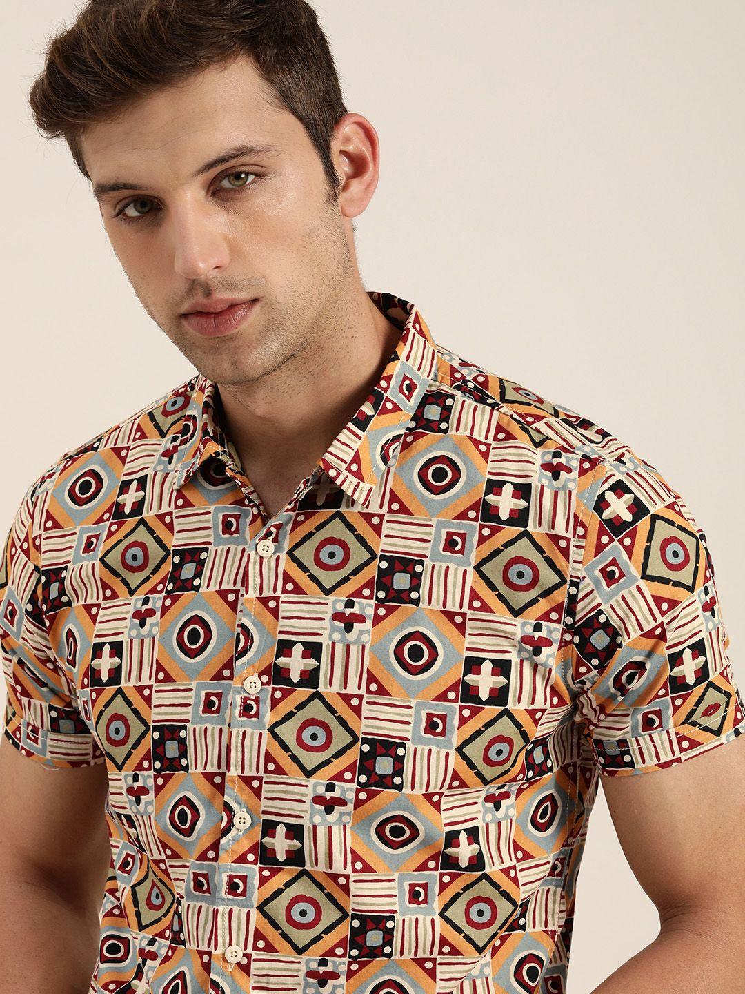 moda rapido men cream-coloured & red slim fit printed pure cotton casual shirt